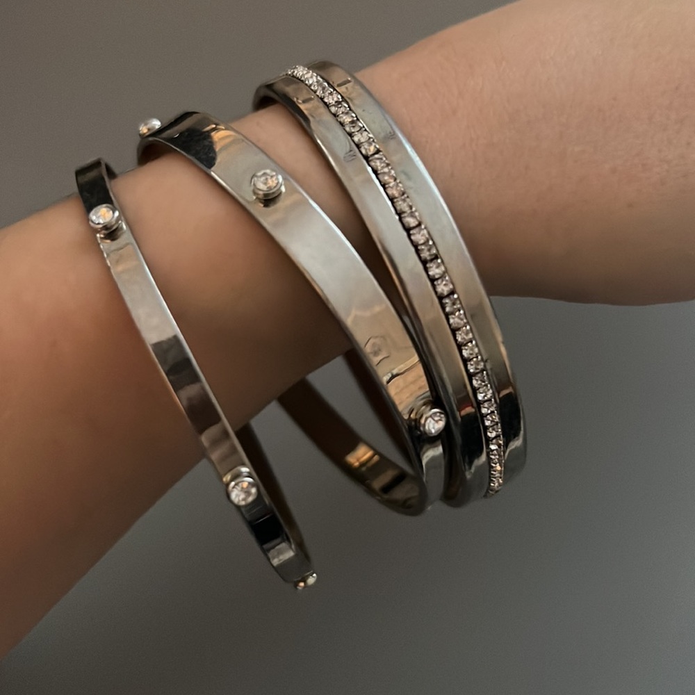 Set of 3 Silver Rhinestone Bangle Bracelets Costume Jewelry Stackable Classy